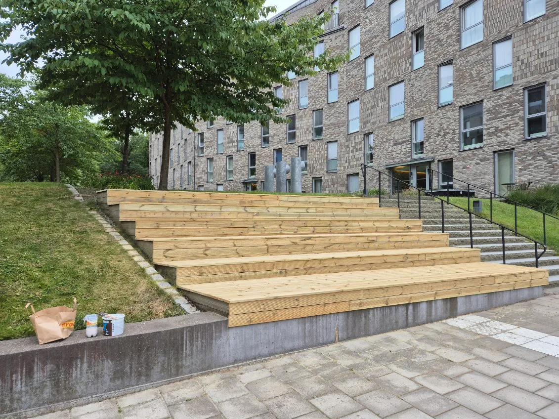 Trädäck av trä med trappsteg vid en byggnad på en grön plats